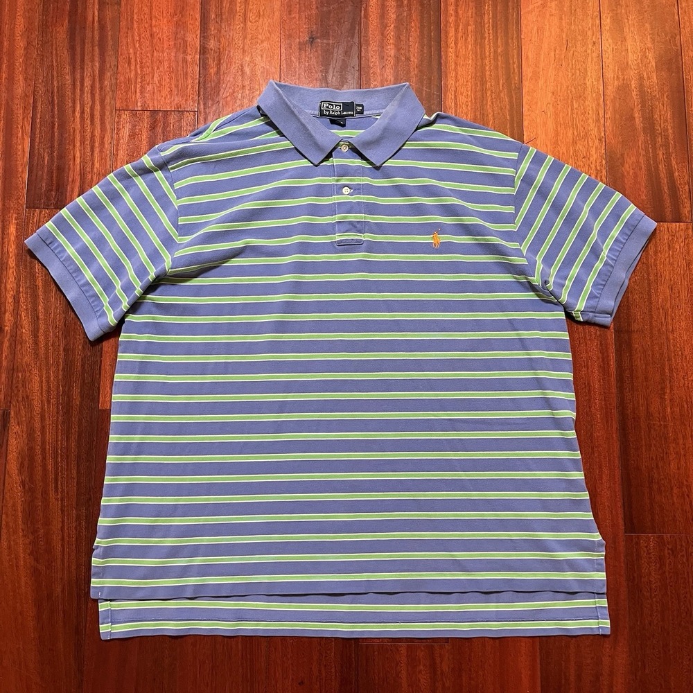 Vintage Polo Ralph Lauren Polo Men's 2XB Green Striped 90s Nautical Preppy Blue